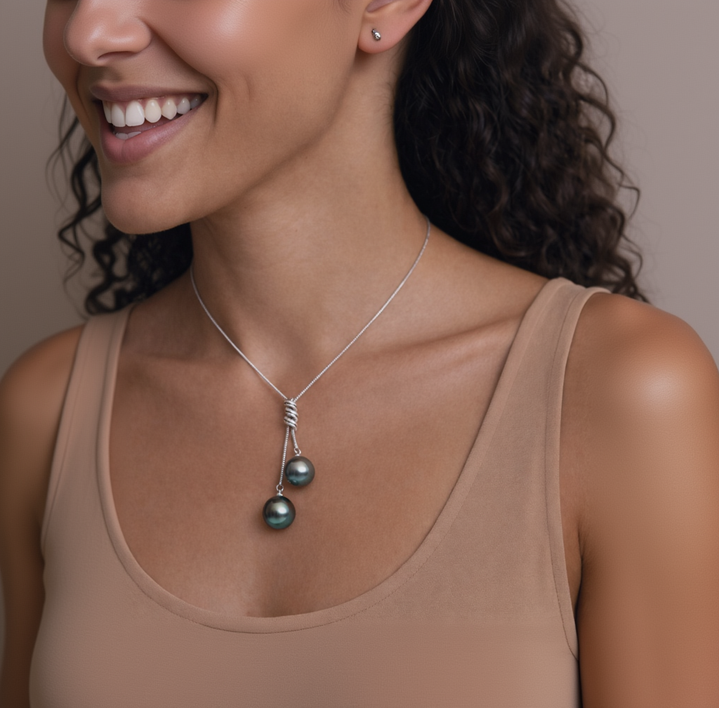 Woman wearing a silver necklace with two green beads, smiling.