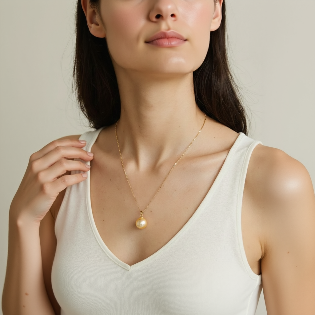 Woman wearing a gold necklace with a pearl pendant on a neutral background