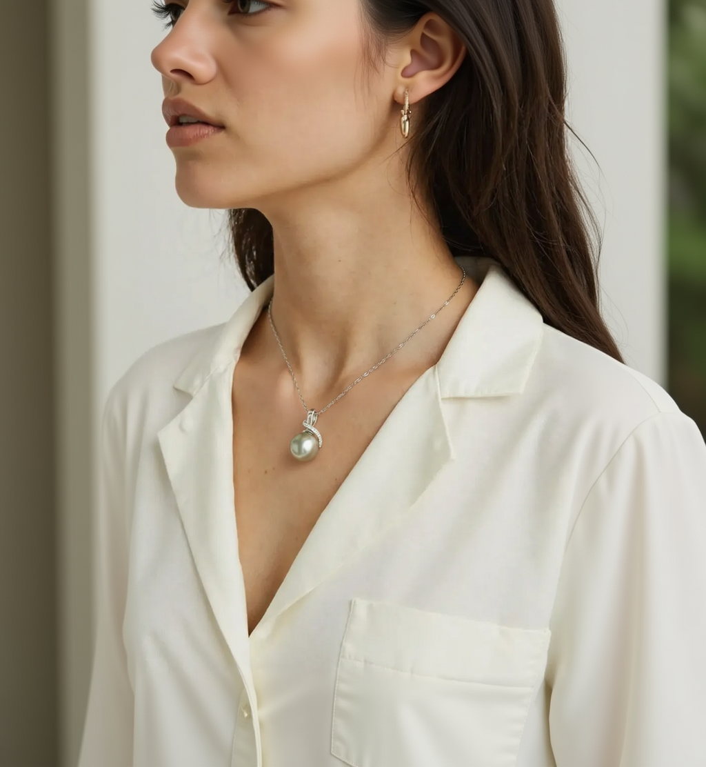 Close-up of a necklace with a pendant worn by a person in a white outfit.