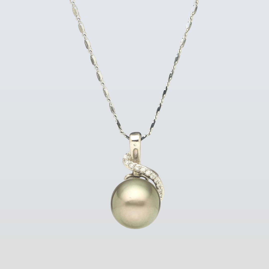 Pearl necklace with a silver chain on a light gray background
