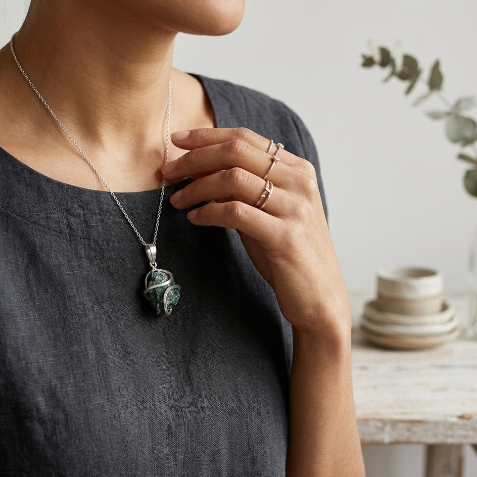 Person wearing a necklace with a pendant, standing in a softly blurred indoor setting.