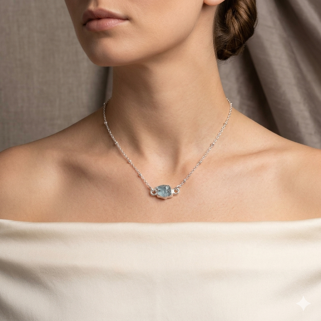 Aquamarine Pendants in 925 Silver  worn by a model against a neutral background