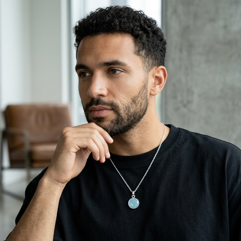Man wearing a black shirt and necklace with a blurred background
