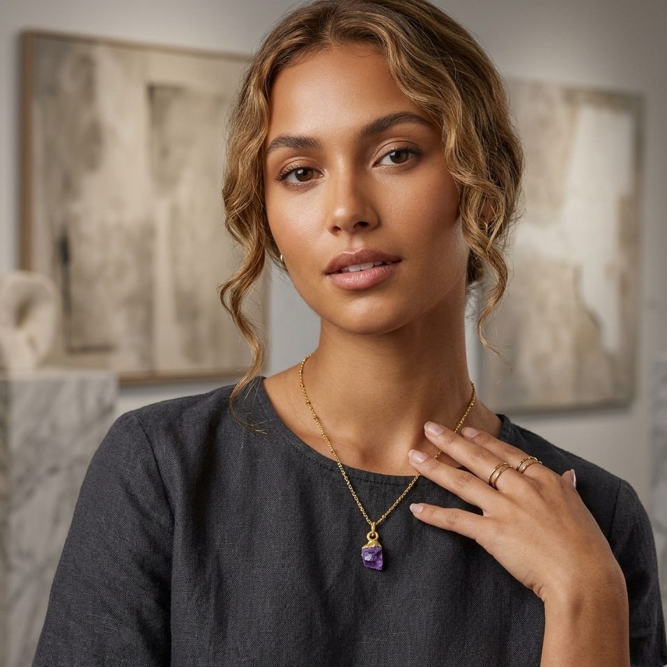 Woman wearing a gold necklace with a purple pendant indoors.