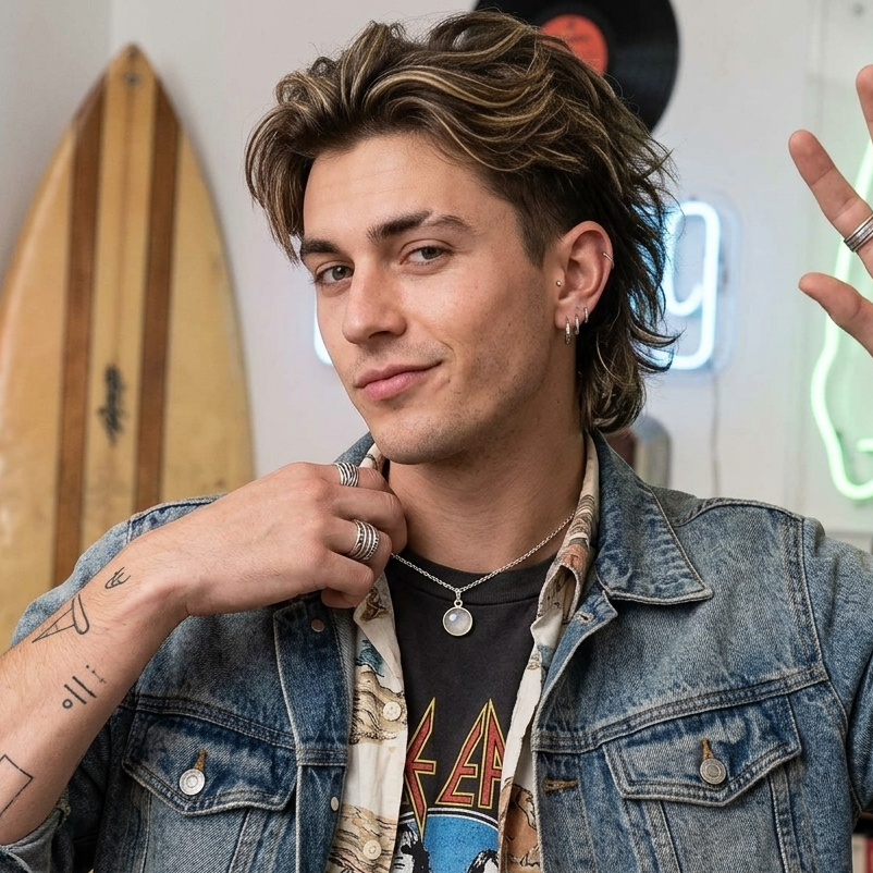 Man wearing a denim jacket over a graphic t-shirt with tattoos, standing in a casual setting.