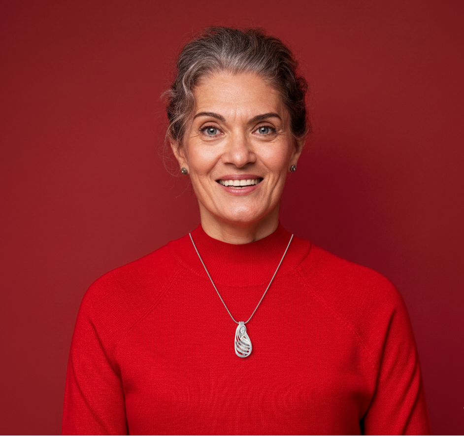 Woman wearing a red sweater with a necklace against a red background