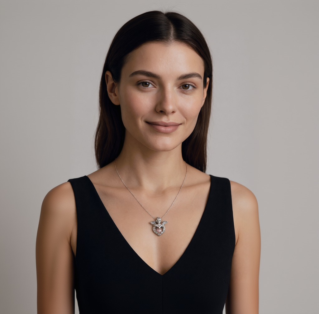 Woman wearing a black dress with a silver necklace featuring a pendant against a neutral background