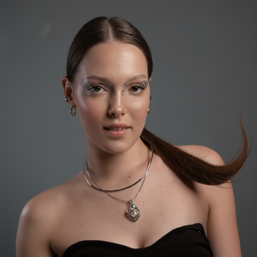Woman wearing a silver necklace with a heart pendant against a gray background