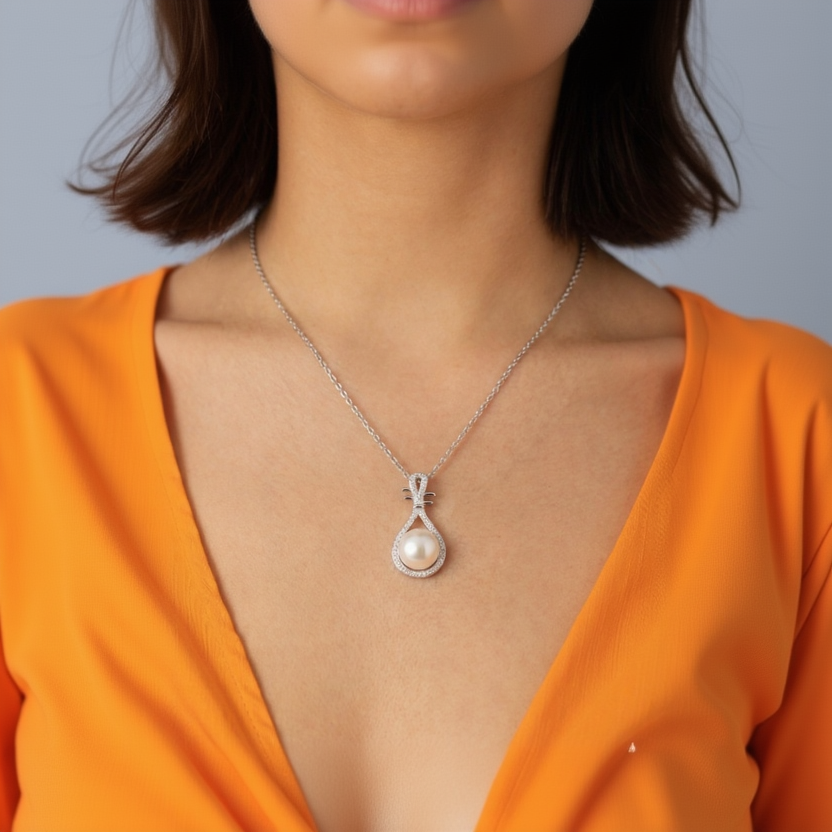 Pearl necklace with silver chain worn by a person in an orange top