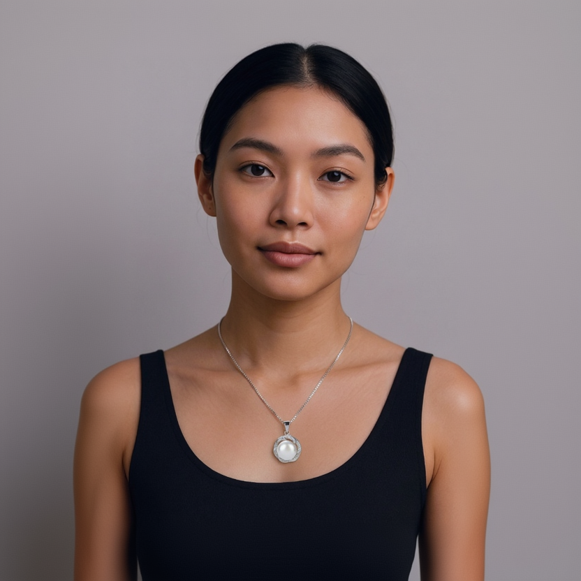 Woman wearing a black tank top with a silver necklace featuring a large pendant on a gray background