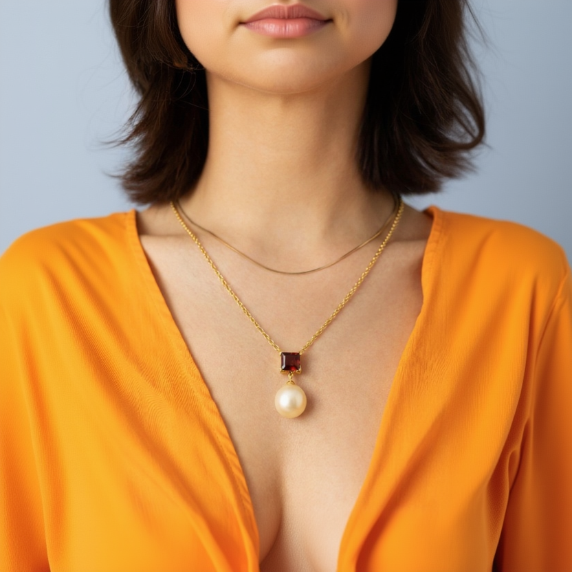 Gold necklace with a pearl pendant worn by a person in an orange top.