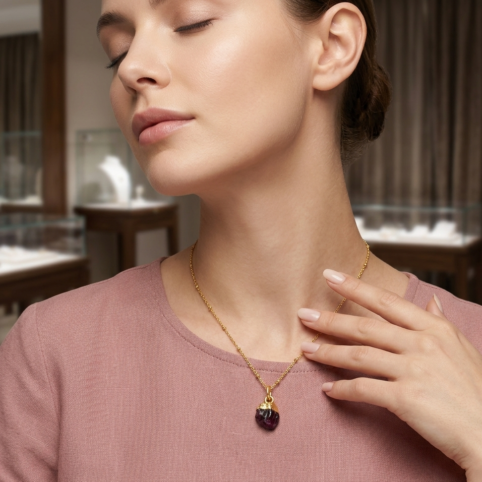 Woman wearing a gold necklace with a purple pendant in an indoor setting