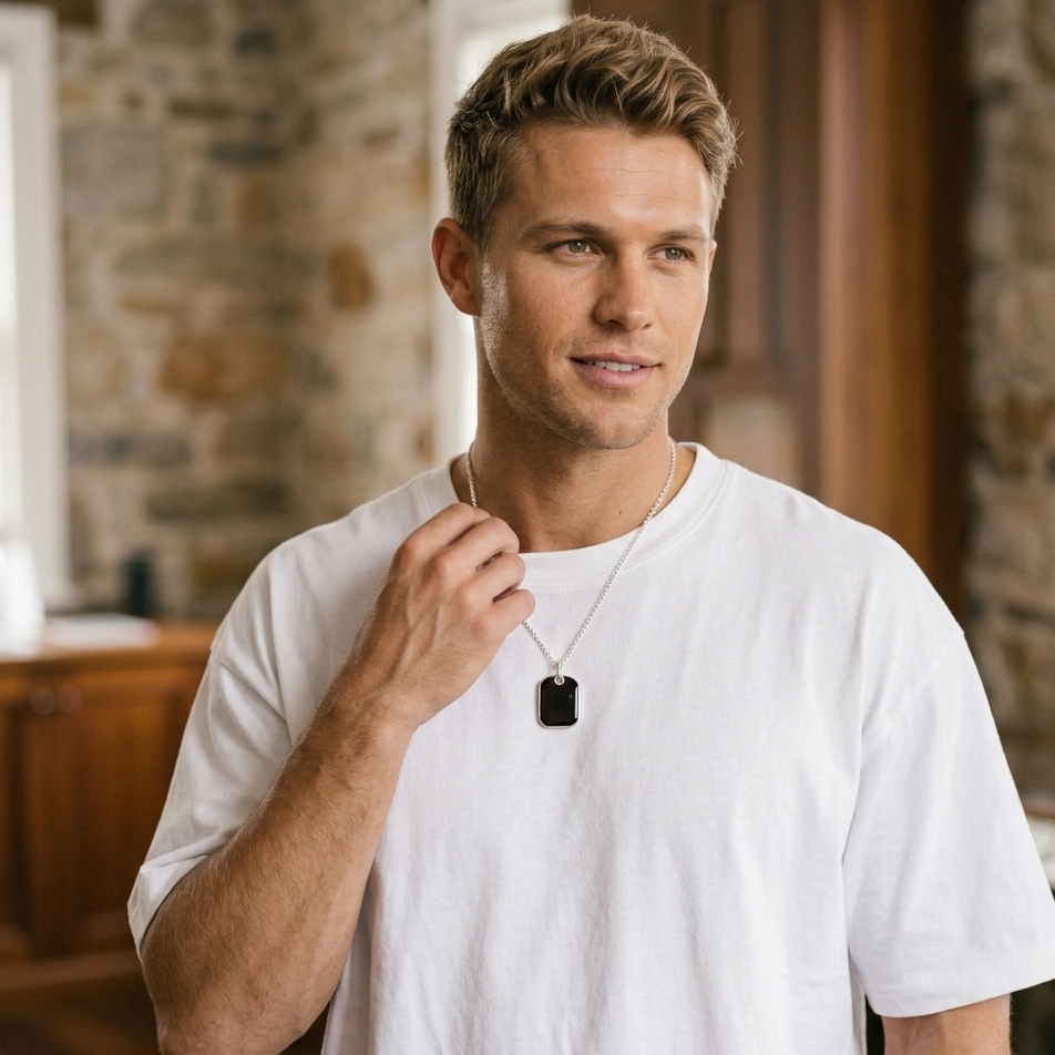 Man wearing a white t-shirt and a necklace with a pendant indoors.