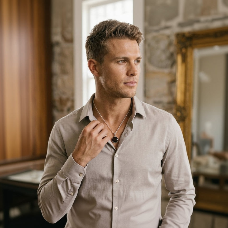 Man wearing a light gray shirt and necklace in an indoor setting