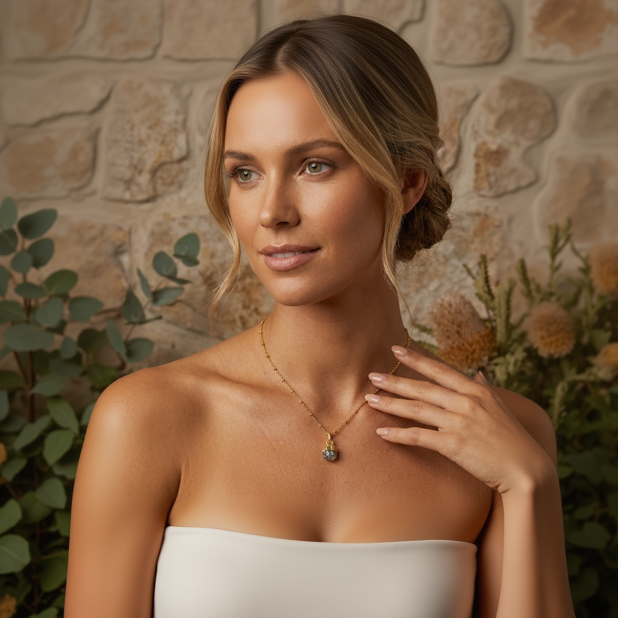 Woman wearing a gold necklace with a pendant against a stone wall background