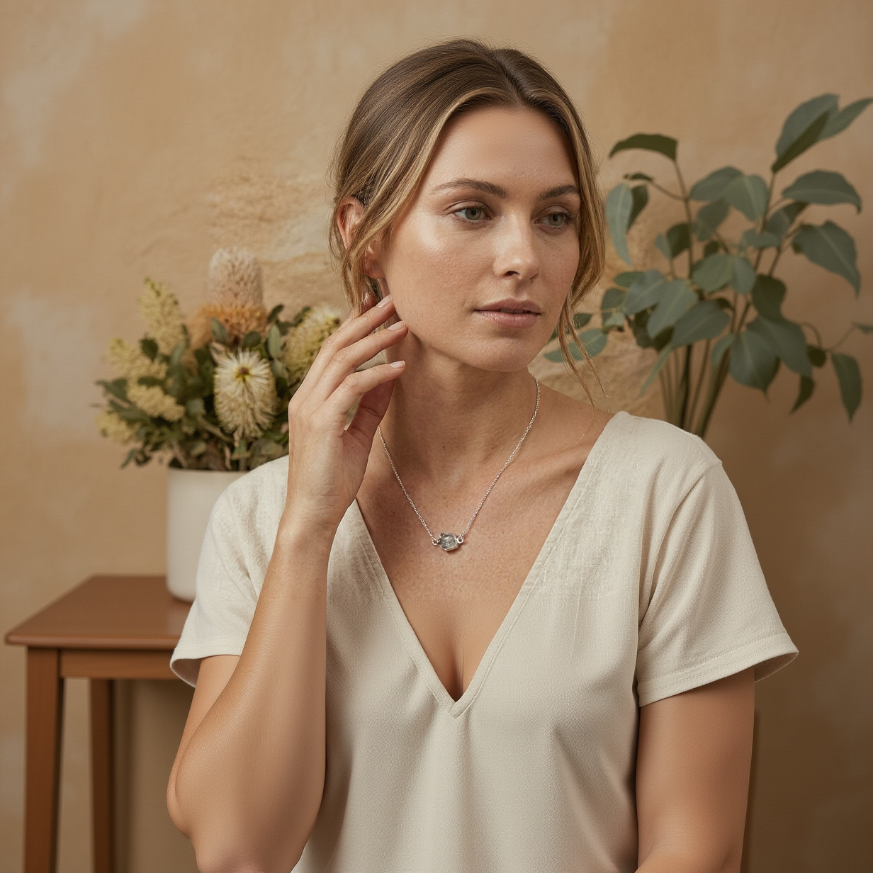 Woman wearing a necklace with a floral background