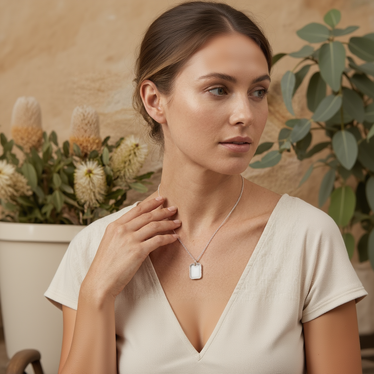 Woman wearing a necklace with a rectangular pendant, surrounded by flowers and plants.