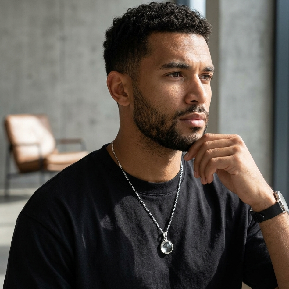 Man wearing a black shirt and necklace, sitting indoors with a blurred background