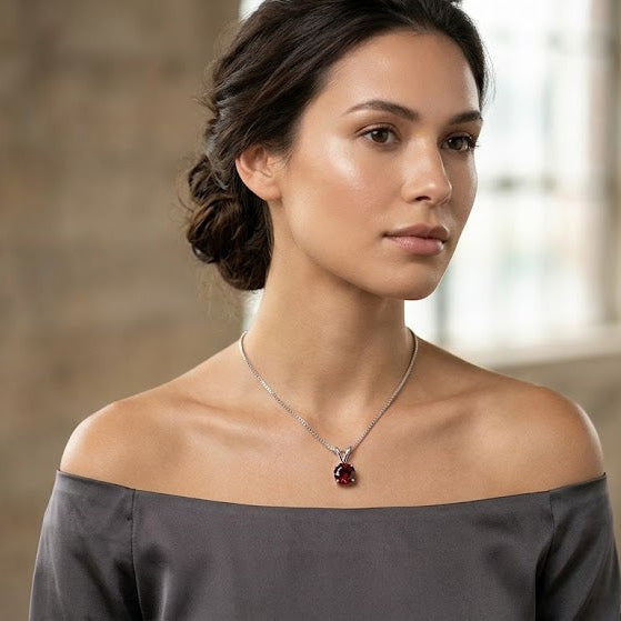Woman wearing a necklace with a red pendant against a neutral background