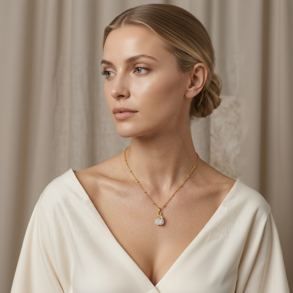 Woman wearing a gold necklace with a pendant against a neutral background