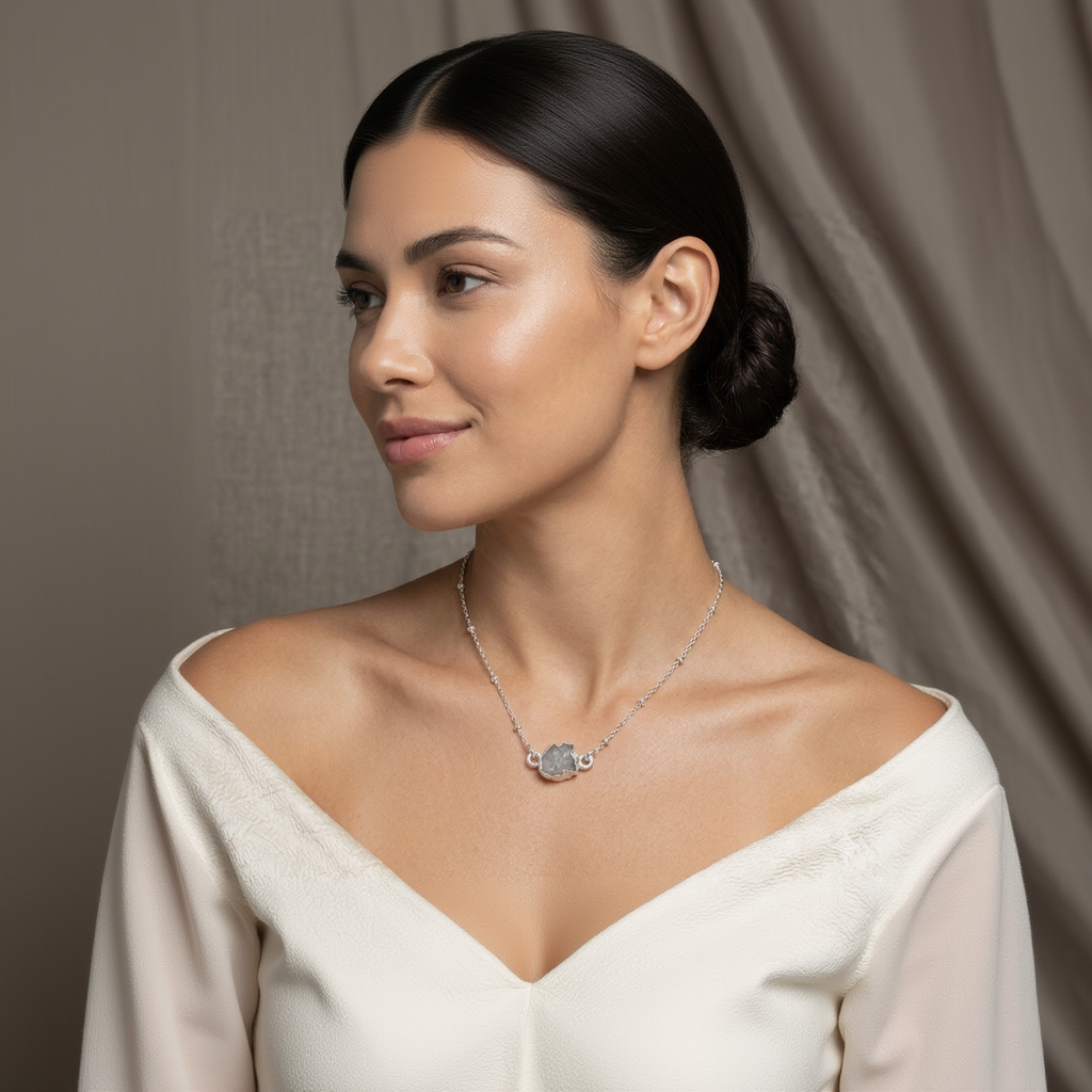 Woman wearing a silver Moonstone Pendants in 925 Silver necklace with a pendant against a neutral background