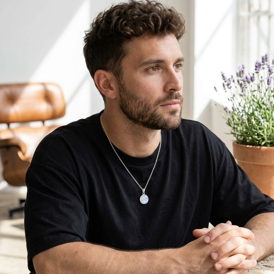 Man sitting indoors with a potted plant in the background