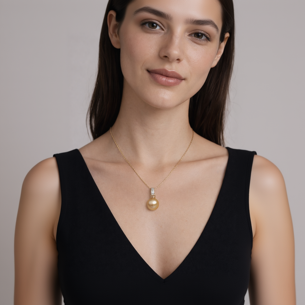 Woman wearing a gold necklace with a pearl pendant on a plain background
