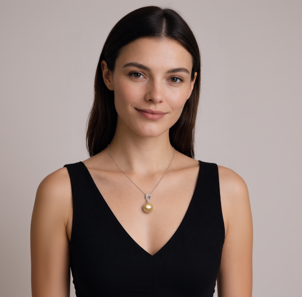 Woman wearing a necklace with a gold pendant against a neutral background