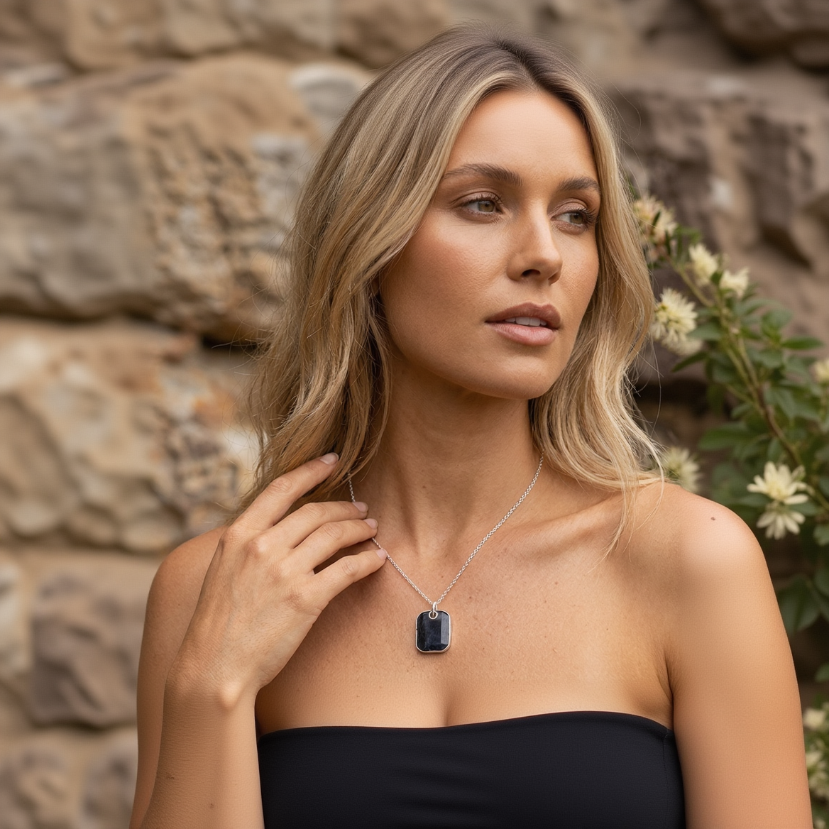 model wore Necklace with a dark stone pendant on a light gray background