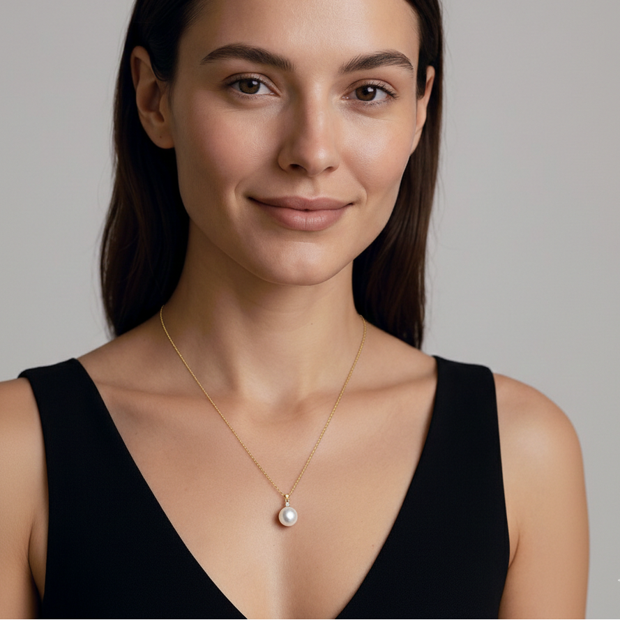 Woman wearing a black sleeveless top and a gold necklace with a pearl pendant on a gray background