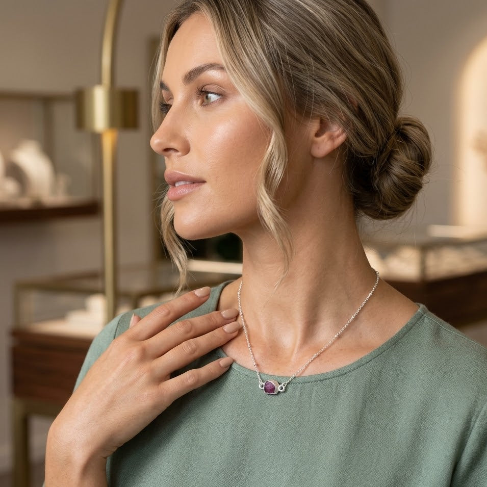 Woman wearing a necklace with a pendant in a blurred indoor setting