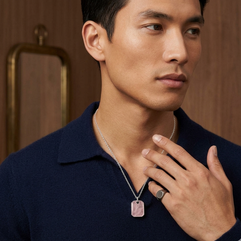 Man wearing a necklace with a pink pendant in a warm-toned room.