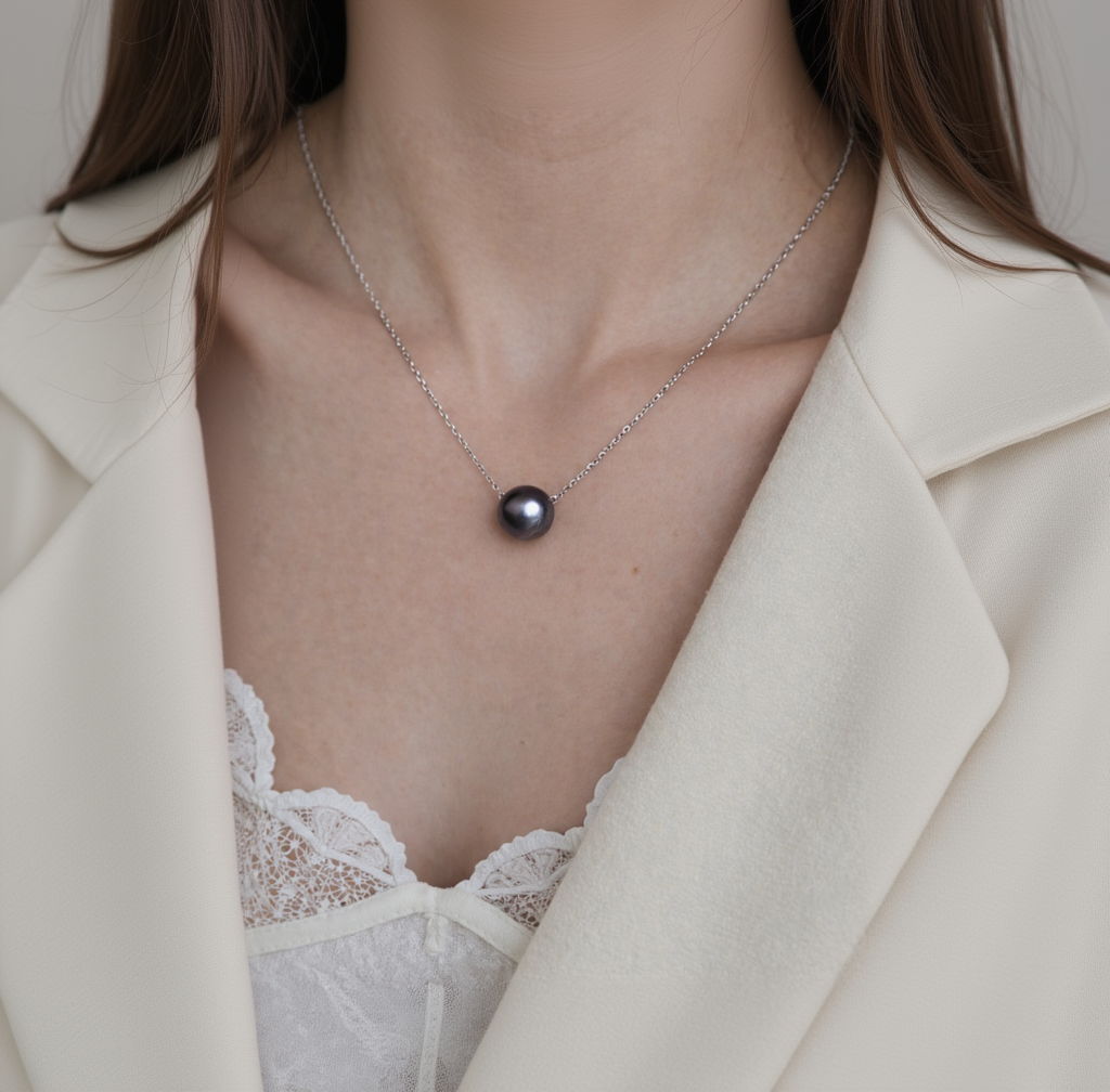 Necklace with a black pearl pendant worn by a person in a white lace garment.