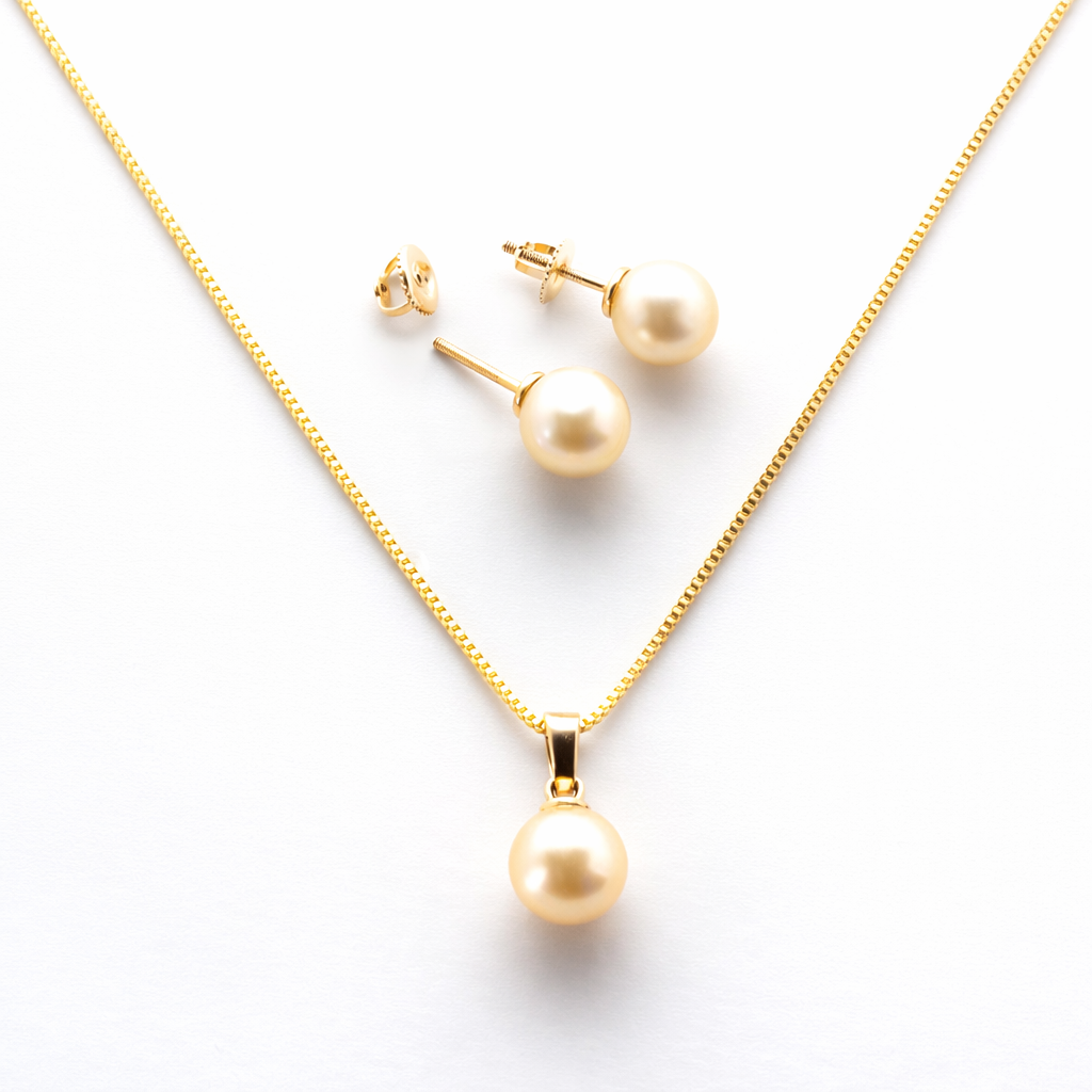 Pearl necklace and earrings set on a white background