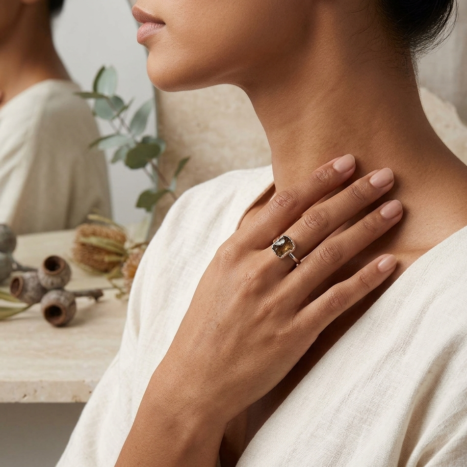 Woman wearing a ring with a large gemstone, sitting in a softly lit room.