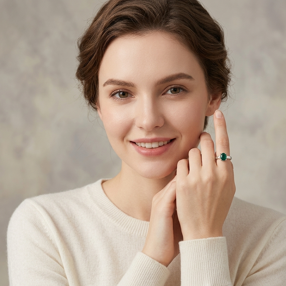 Woman wearing a ring with a green gemstone against a neutral background