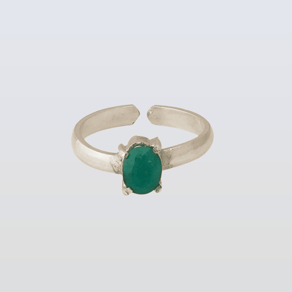 Silver ring with a green gemstone on a white background