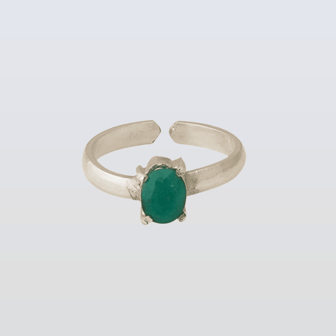 Silver ring with a green gemstone on a white background