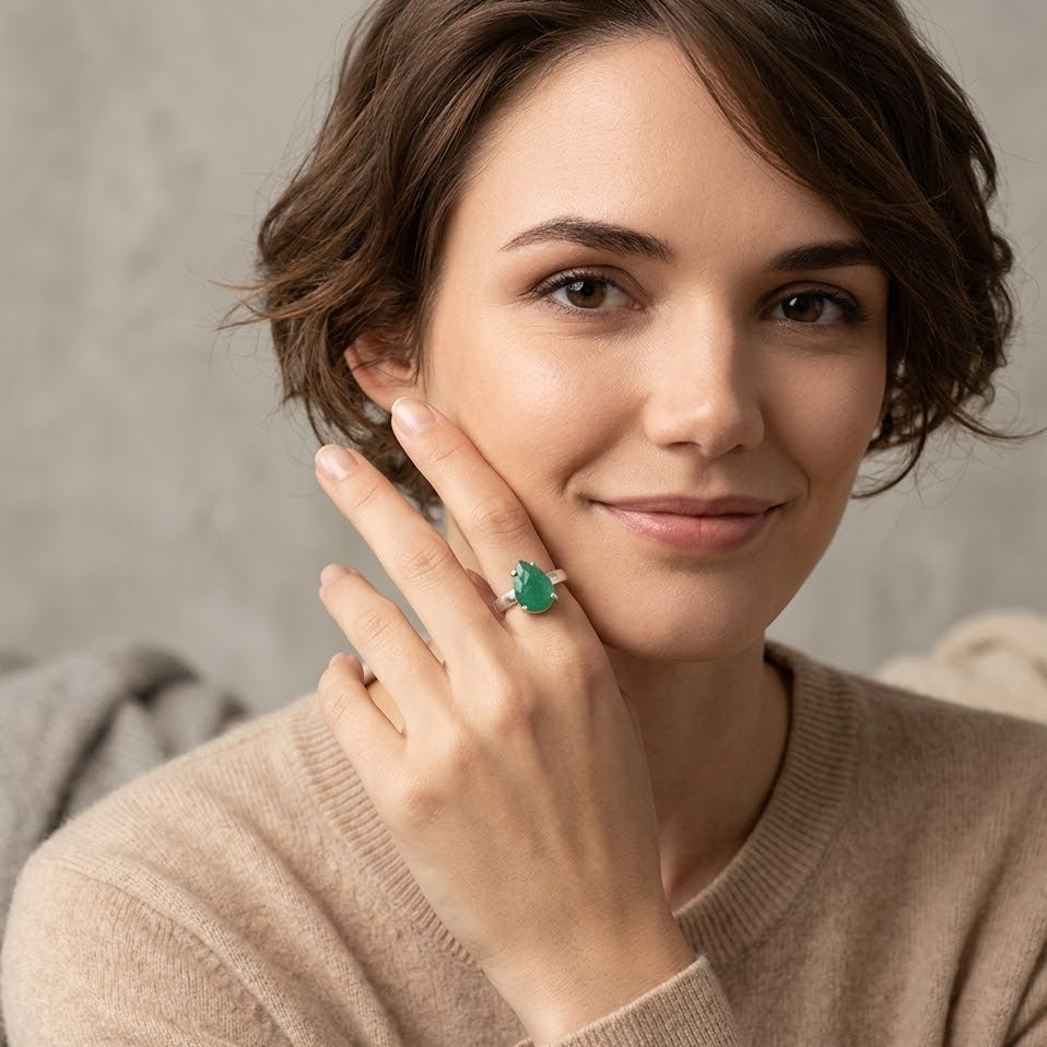 Emerald Rings US 7 Adjustable in Italian Pure Silver
