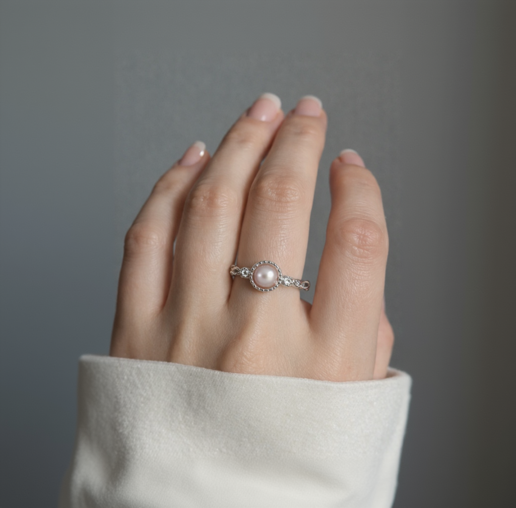 Hand wearing a pearl ring against a neutral background