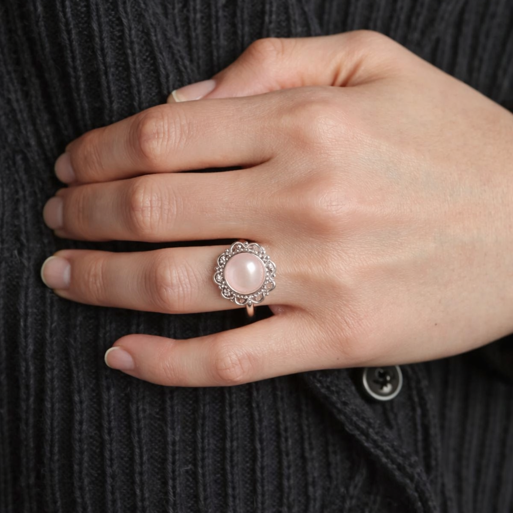 Hand wearing a ring with a pink gemstone on a dark textured background