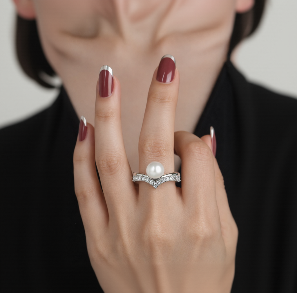 Close-up of a hand wearing a pearl ring with a black background