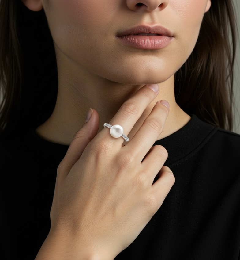 Close-up of a hand wearing a pearl ring with a blurred background