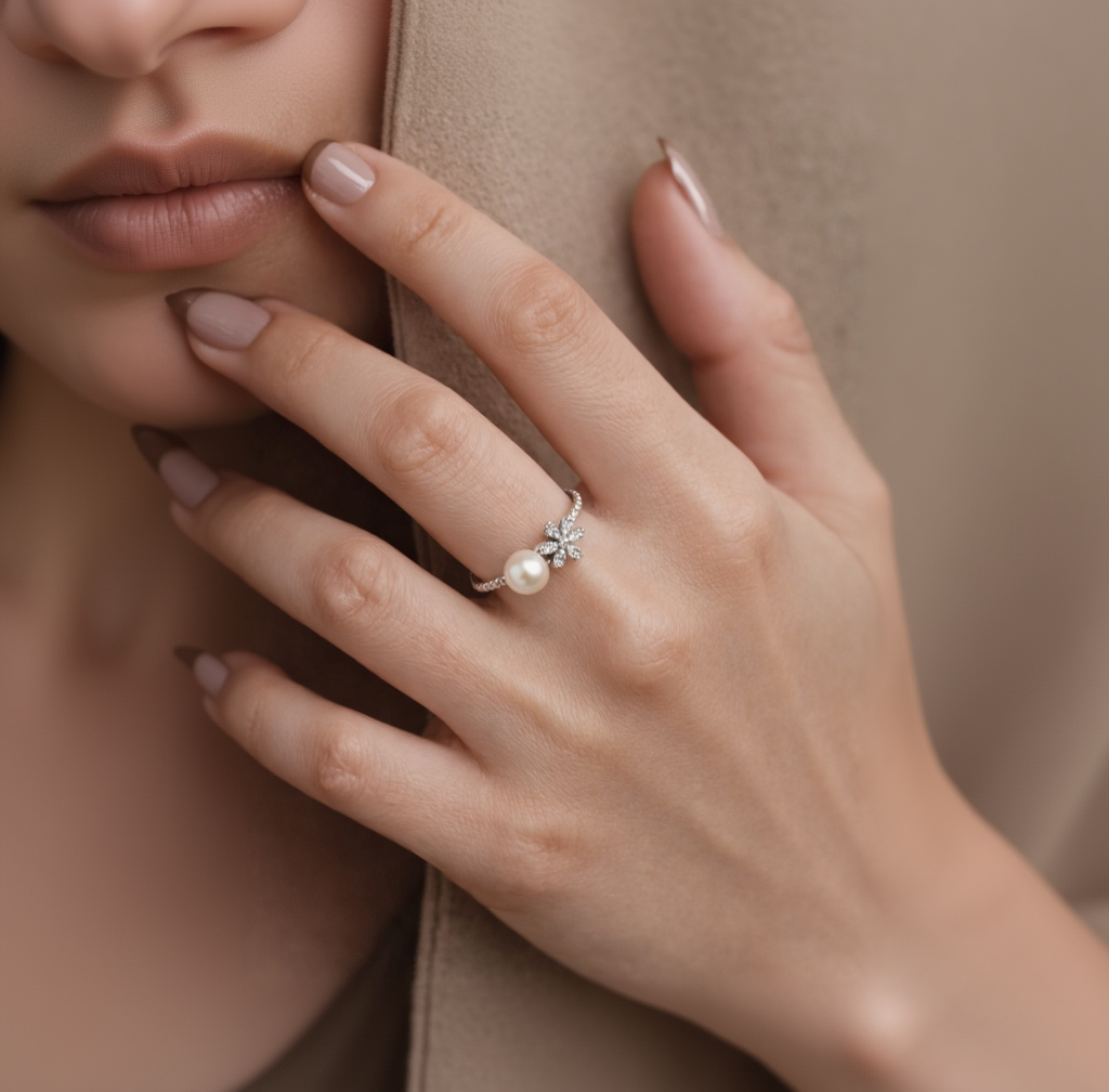 Close-up of a hand wearing a pearl ring on a neutral background