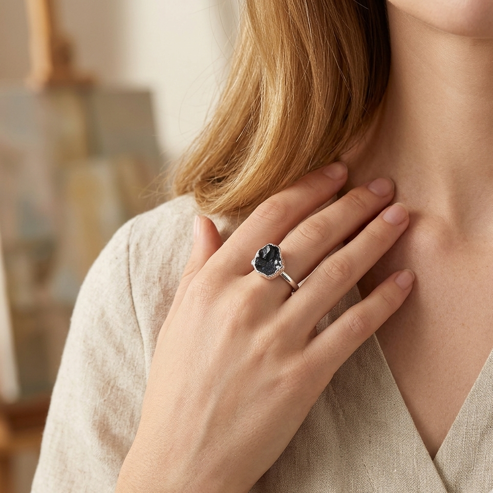Close-up of a woman wearing a ring with a black stone on her hand, blurred background