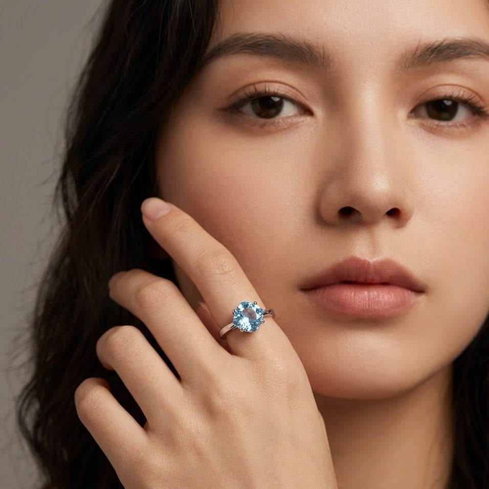 Gemstone ring wore by model