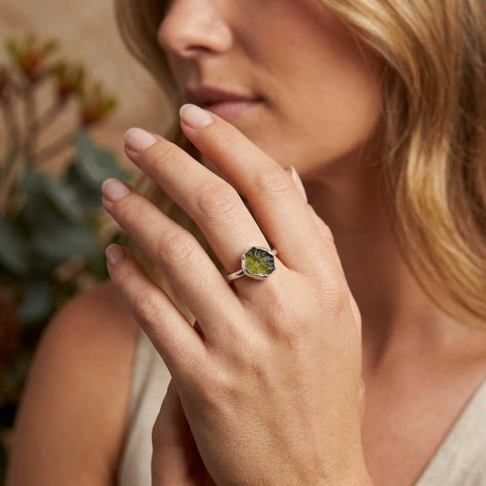 Close-up of a hand wearing a green gemstone ring with a blurred background