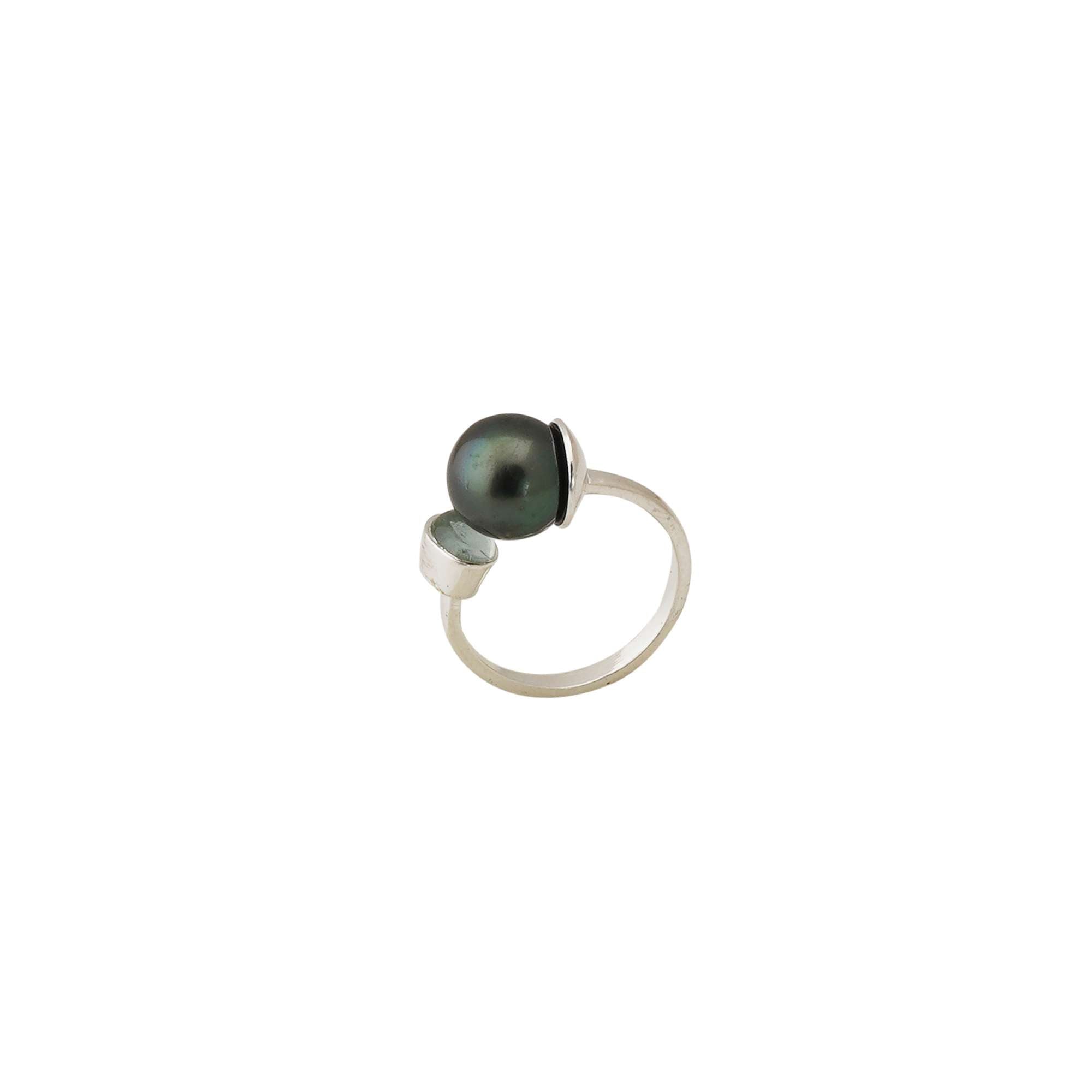 Tahitian Pearl with Aquamarine Ring in Sterling Silver