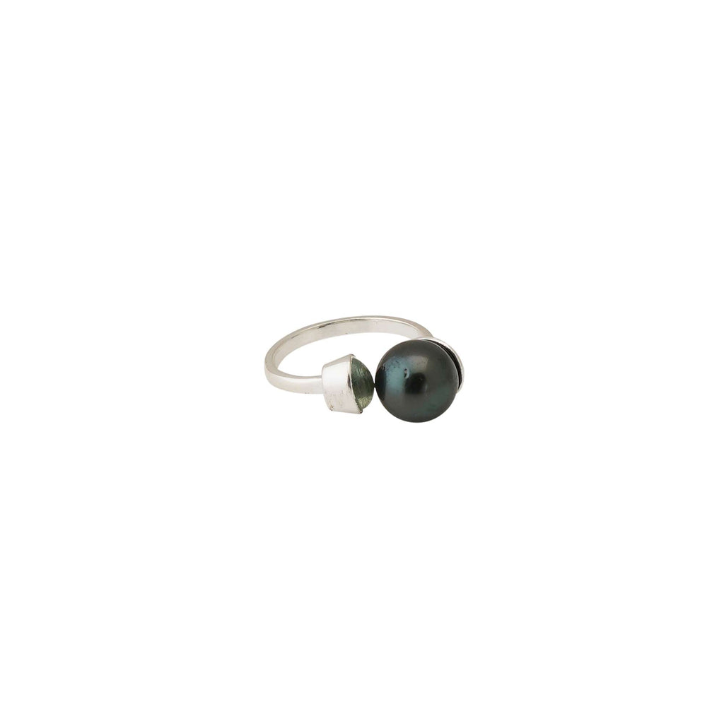 Tahitian Pearl with Aquamarine Ring in Sterling Silver