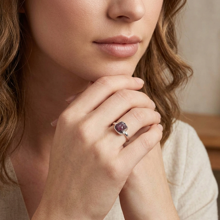 Close-up of a woman's hand wearing a ring with a purple gemstone, holding her chin.